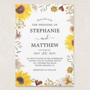 sunflower and wildflower watercolor wedding invitation with botanical design